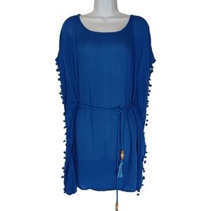 RAVIYA Blue Crepe Pom Pom Trim Tassel Kaftan Swim Coverup Medium NWT